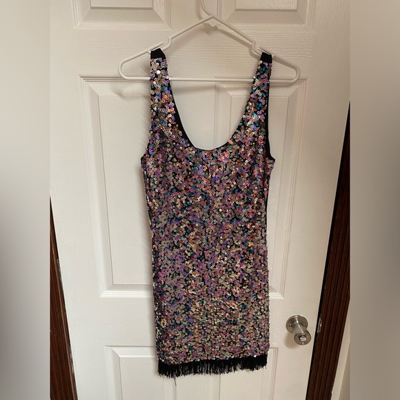 Flapper dress, sequins, fringe. 1920s pageboy rave goth. Sz L - Picture 5 of 5